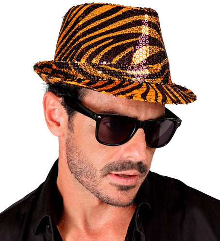 e-carnavalskleding-SYK Fedora pailletten tijger print hoed
