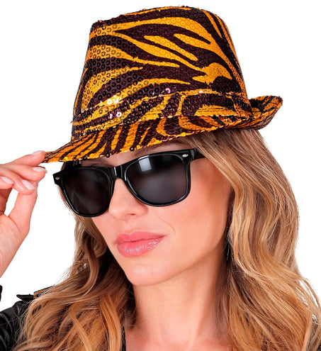 e-carnavalskleding-SYK Fedora pailletten tijger print hoed