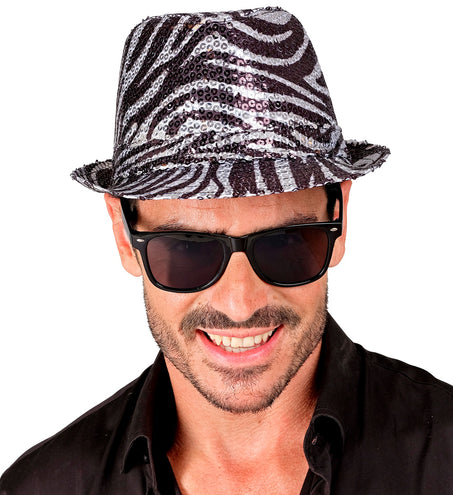e-carnavalskleding-SYK Fedora pailletten zebra print hoed