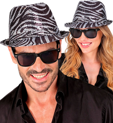 e-carnavalskleding-SYK Fedora pailletten zebra print hoed