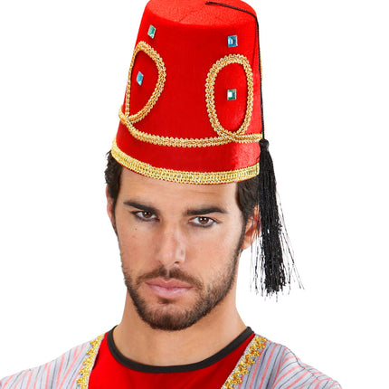 e-carnavalskleding-SYK Fez hoed rood met gouden accenten