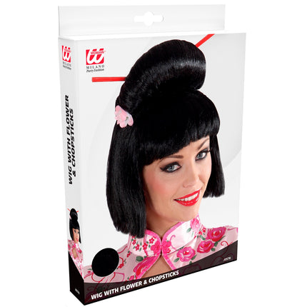 e-carnavalskleding-SYK Geisha pruik bloem met stokjes