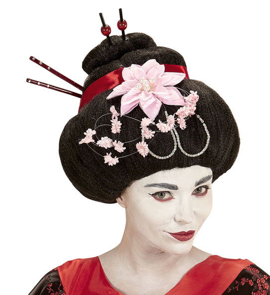 e-carnavalskleding-SYK Geisha pruik met stokjes en bloemen