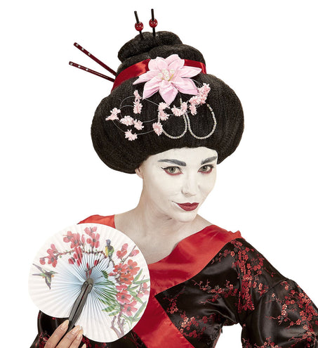 e-carnavalskleding-SYK Geisha pruik met stokjes en bloemen