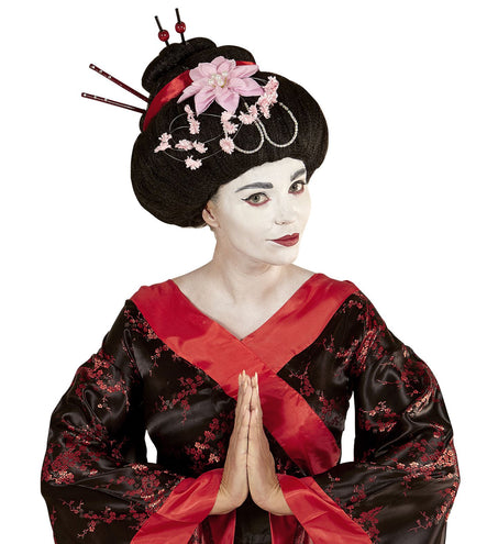 e-carnavalskleding-SYK Geisha pruik met stokjes en bloemen