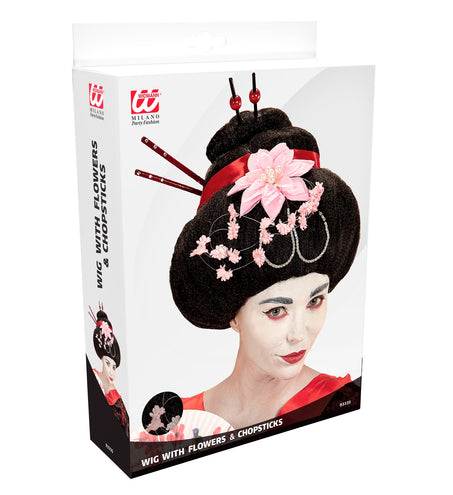 e-carnavalskleding-SYK Geisha pruik met stokjes en bloemen