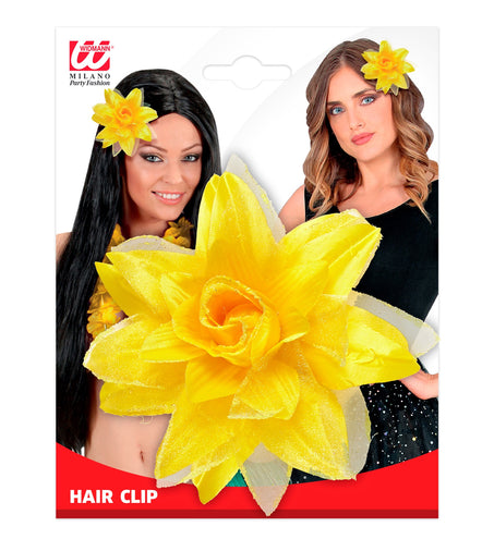 e-carnavalskleding-SYK Gele bloemen haarclip met glitters