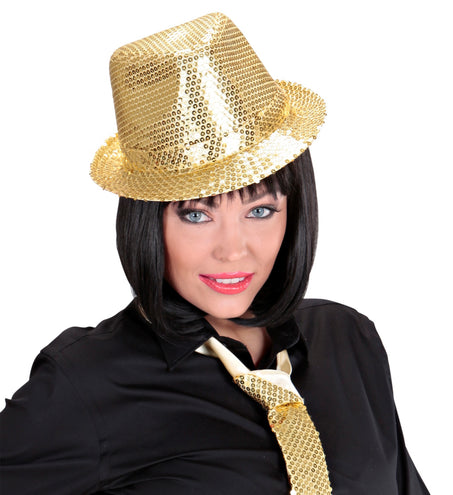 e-carnavalskleding-SYK Glitter gleufhoed goud pailletten