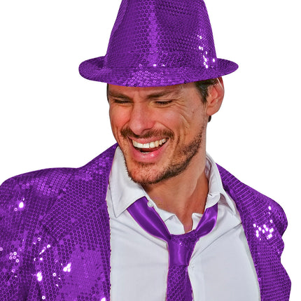 e-carnavalskleding-SYK Glitter gleufhoed paars pailletten