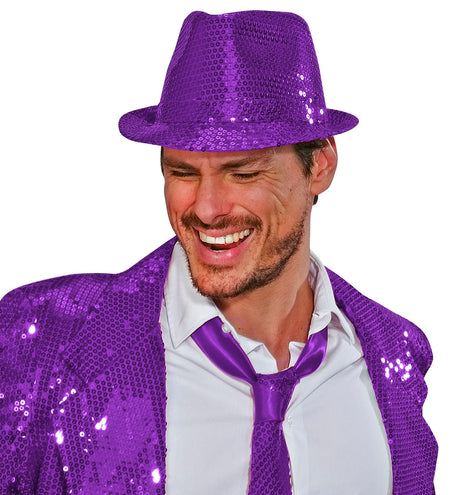 e-carnavalskleding-SYK Glitter gleufhoed paars pailletten