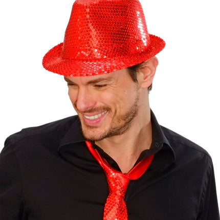 e-carnavalskleding-SYK Glitter gleufhoed rood pailletten