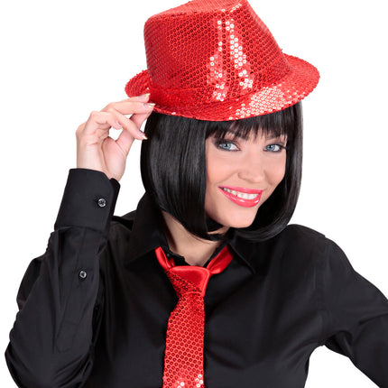e-carnavalskleding-SYK Glitter gleufhoed rood pailletten