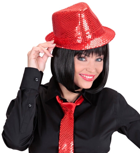 e-carnavalskleding-SYK Glitter gleufhoed rood pailletten