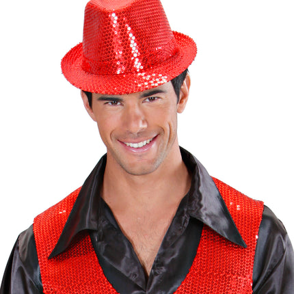 e-carnavalskleding-SYK Glitter gleufhoed rood pailletten