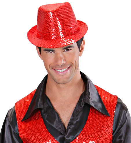 e-carnavalskleding-SYK Glitter gleufhoed rood pailletten