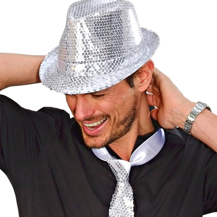 e-carnavalskleding-SYK Glitter gleufhoed zilver pailletten