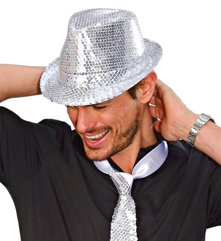 e-carnavalskleding-SYK Glitter gleufhoed zilver pailletten