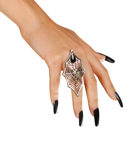 e-carnavalskleding-SYK Gothic Ring Spin + Web Met Zwarte Gemsteen