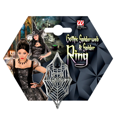 e-carnavalskleding-SYK Gothic Ring Spin + Web Met Zwarte Gemsteen