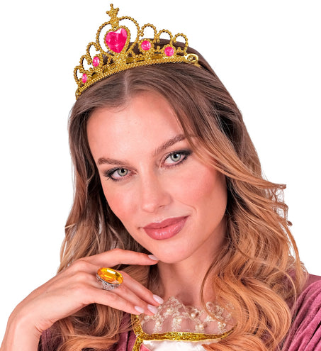 e-carnavalskleding-SYK Gouden tiara met roze steentjes