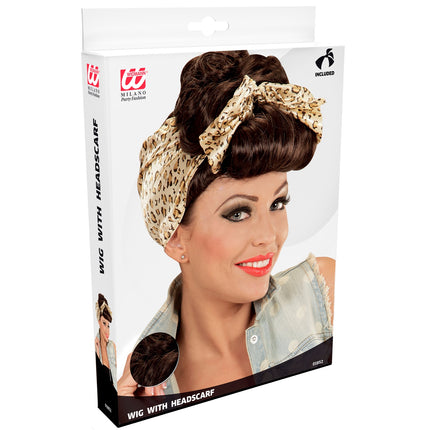 e-carnavalskleding-SYK Grease pruik Betty bruin met doek