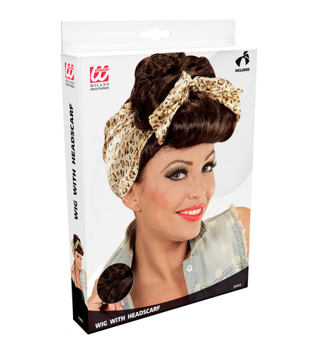 e-carnavalskleding-SYK Grease pruik Betty bruin met doek