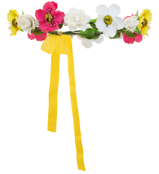 e-carnavalskleding-SYK Haarband bloemen wit rood geel met lint