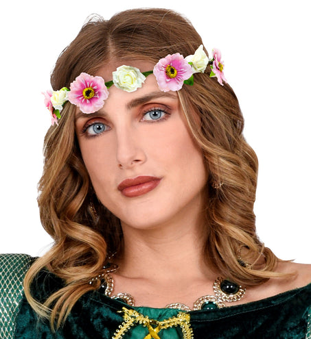 e-carnavalskleding-SYK Haarband bloemen wit roze met lint