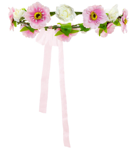 e-carnavalskleding-SYK Haarband bloemen wit roze met lint