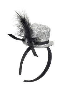 e-carnavalskleding-SYK Haarband glitter hoedje met veer zilver