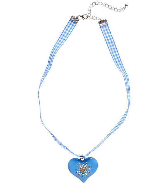 e-carnavalskleding-SYK Halsketting met azuurblauw hart en edelweiss