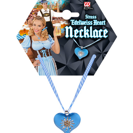 e-carnavalskleding-SYK Halsketting met azuurblauw hart en edelweiss
