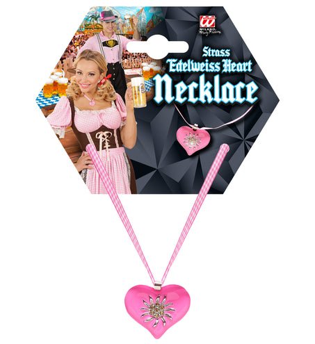 e-carnavalskleding-SYK Halsketting met roze hart en edelweiss