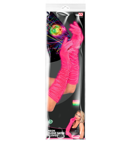 e-carnavalskleding-SYK Handschoenen satijn plissé neon roze