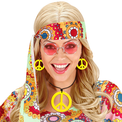 e-carnavalskleding-SYK Hippie Peace ketting en oorbellen geel