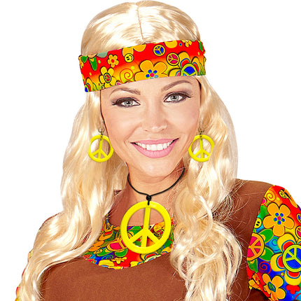 e-carnavalskleding-SYK Hippie Peace ketting en oorbellen geel
