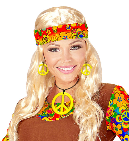 e-carnavalskleding-SYK Hippie Peace ketting en oorbellen geel