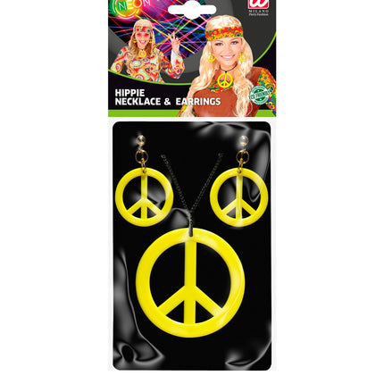 e-carnavalskleding-SYK Hippie Peace ketting en oorbellen geel