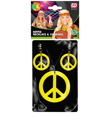 e-carnavalskleding-SYK Hippie Peace ketting en oorbellen geel