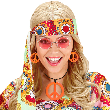 e-carnavalskleding-SYK Hippie Peace ketting en oorbellen oranje