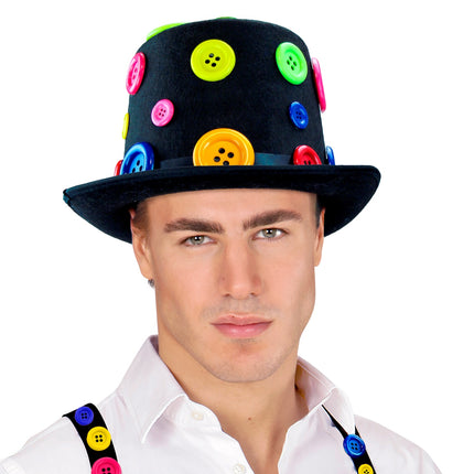 e-carnavalskleding-SYK Hoge hoed clown met knopen