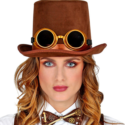 e-carnavalskleding-SYK Hoge hoed steampunk bruin met stofbril
