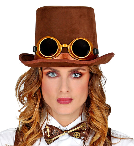 e-carnavalskleding-SYK Hoge hoed steampunk bruin met stofbril