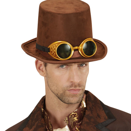 e-carnavalskleding-SYK Hoge hoed steampunk bruin met stofbril