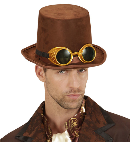 e-carnavalskleding-SYK Hoge hoed steampunk bruin met stofbril