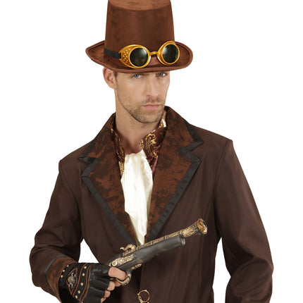 e-carnavalskleding-SYK Hoge hoed steampunk bruin met stofbril