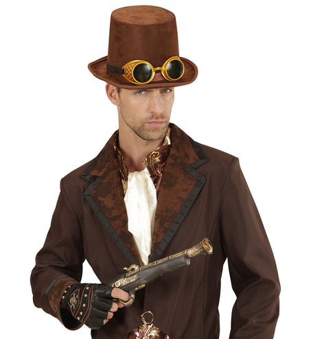 e-carnavalskleding-SYK Hoge hoed steampunk bruin met stofbril