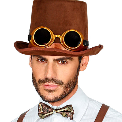 e-carnavalskleding-SYK Hoge hoed steampunk bruin met stofbril