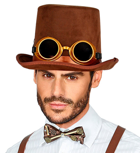 e-carnavalskleding-SYK Hoge hoed steampunk bruin met stofbril