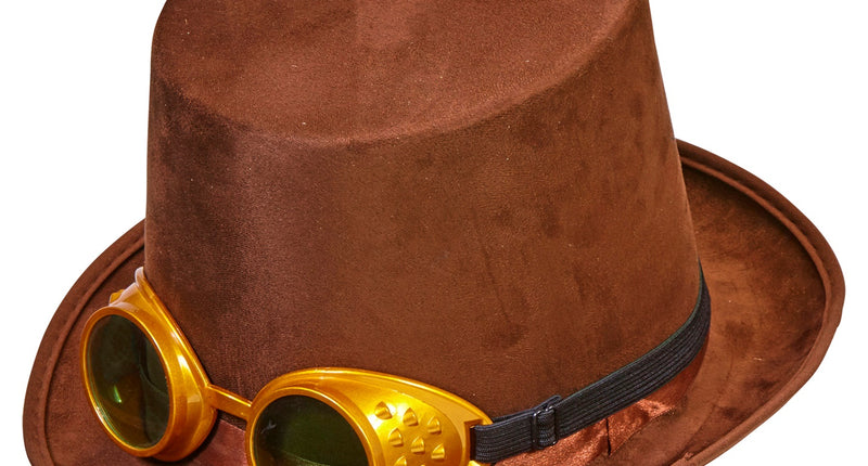 e-carnavalskleding-SYK Hoge hoed steampunk bruin met stofbril